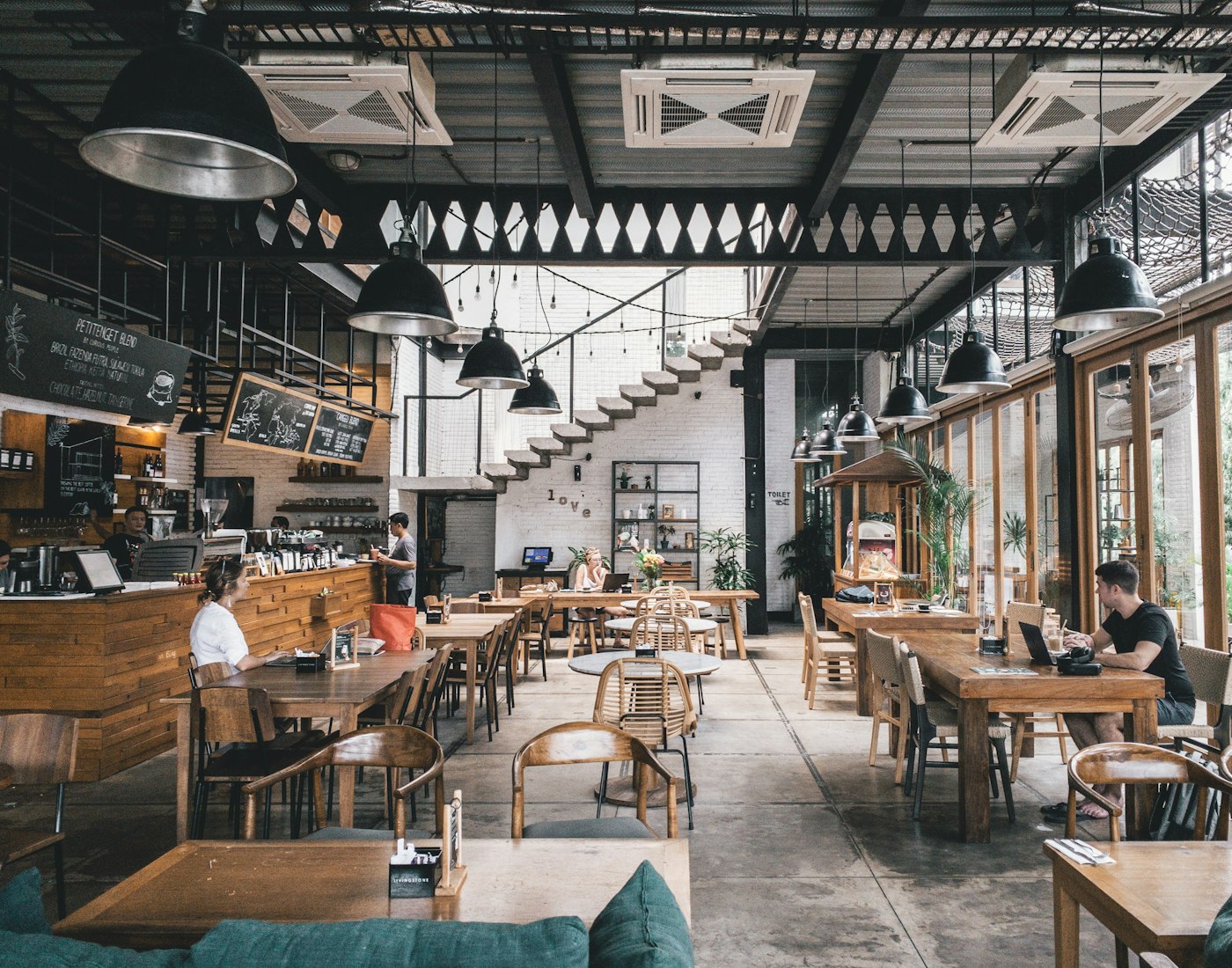 The warm-lit dining room