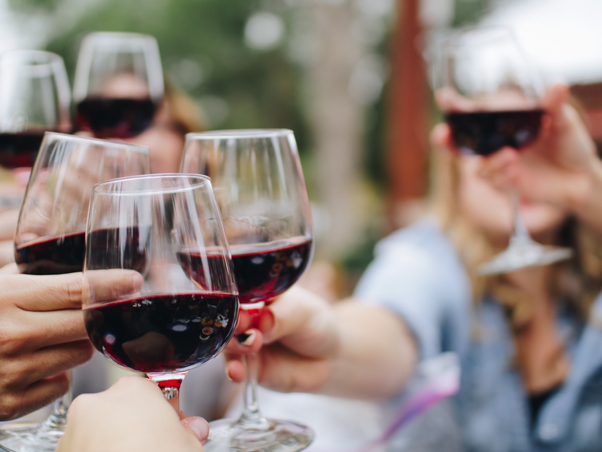 Guests raising glasses of red wine